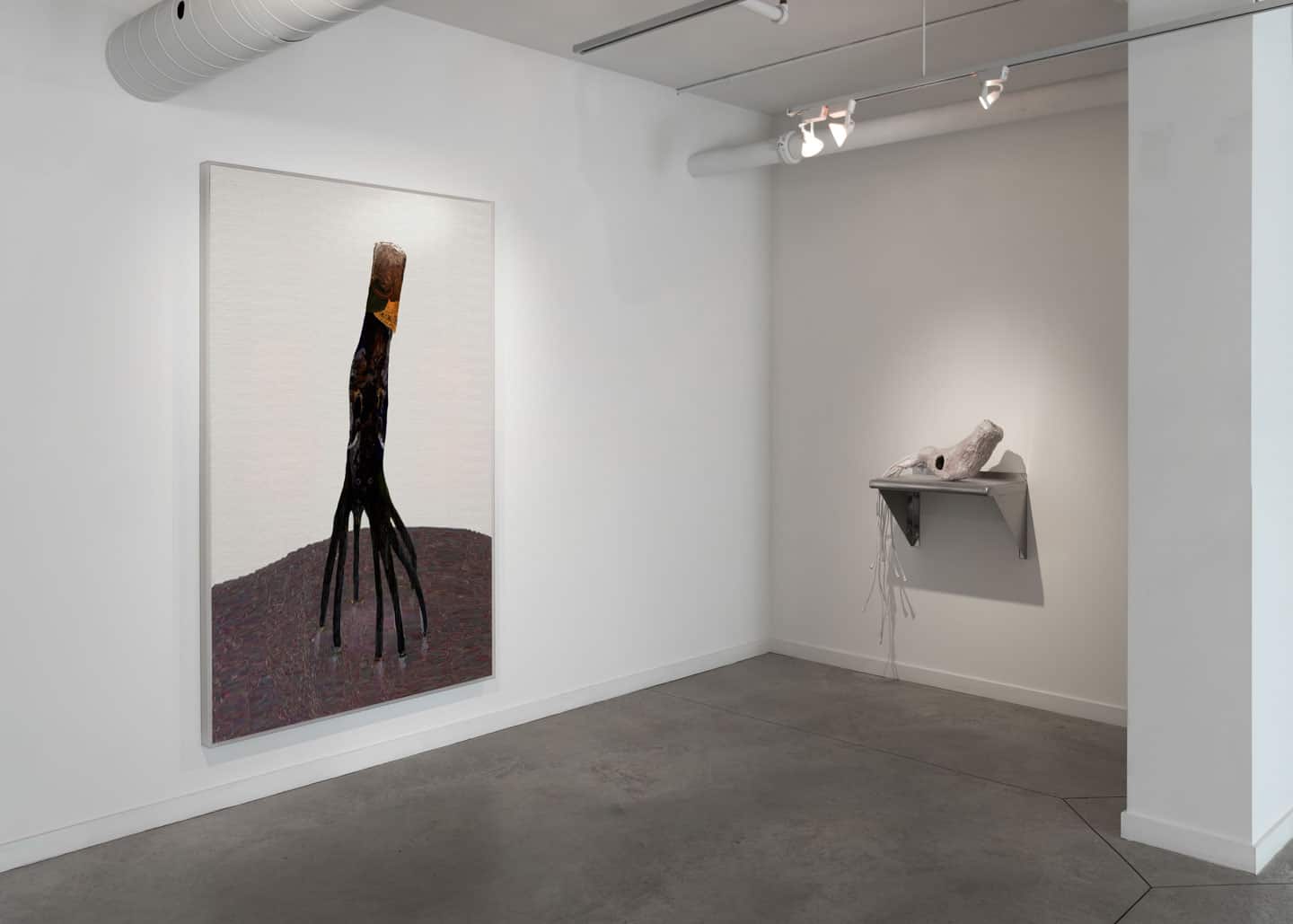 Alex Fischer, LEFT: Mangrove Down, 2013. RIGHT:  Ammonite, 2012 install at Dry Pixels and Wet Molecules, O'Born Contemporary